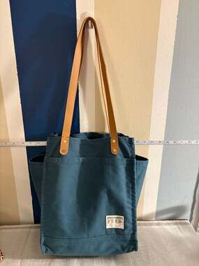 FEED Canvas Market Tote Bag in Sea Blue with Leather Straps